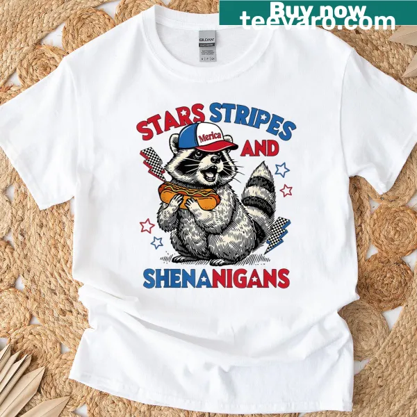 Raccoon in stars and stripes graphic on a festive t-shirt