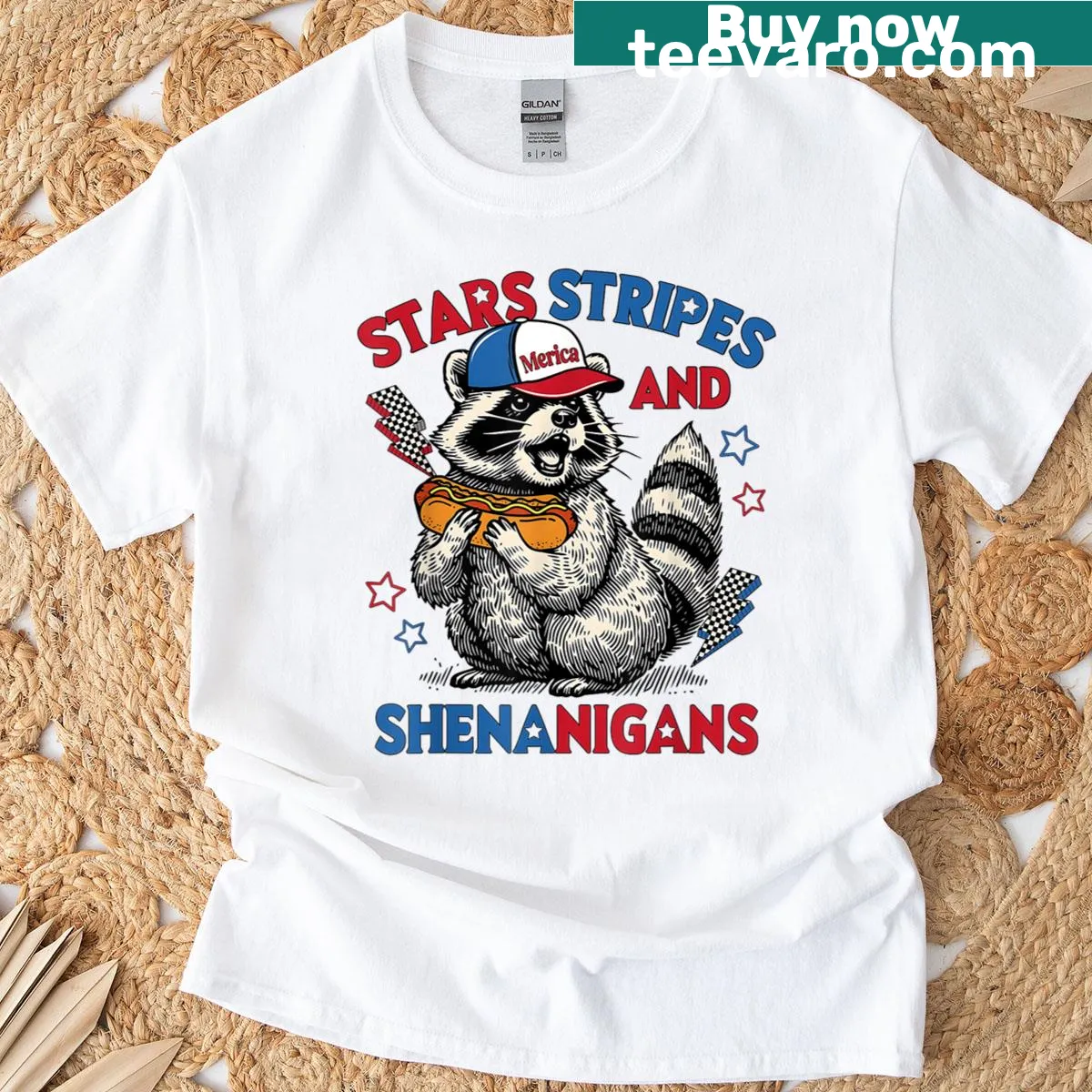 Raccoon in stars and stripes graphic on a festive t-shirt — on a men's t-shirt