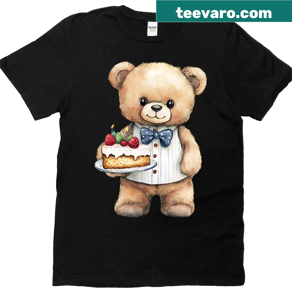 T-shirt featuring a teddy bear in a suit holding a cake — on a men's t-shirt