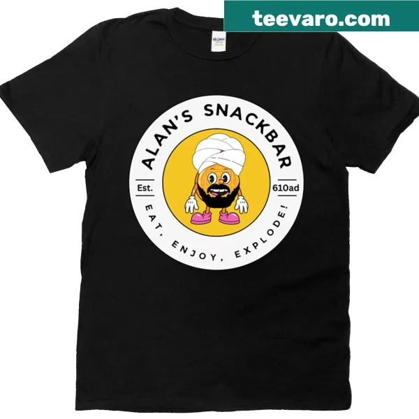 Illustrated T-shirt featuring 'Alan's Legendary Snack Bar' slogan with playful designs