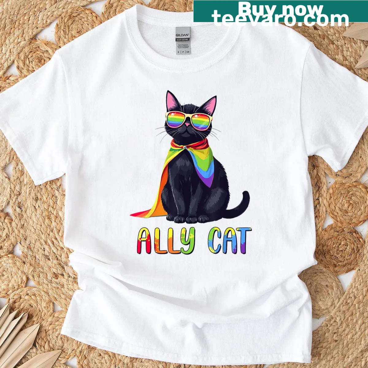 Illustration of rainbow cats on Ally Cat LGBT Pride t-shirt — on a men's t-shirt