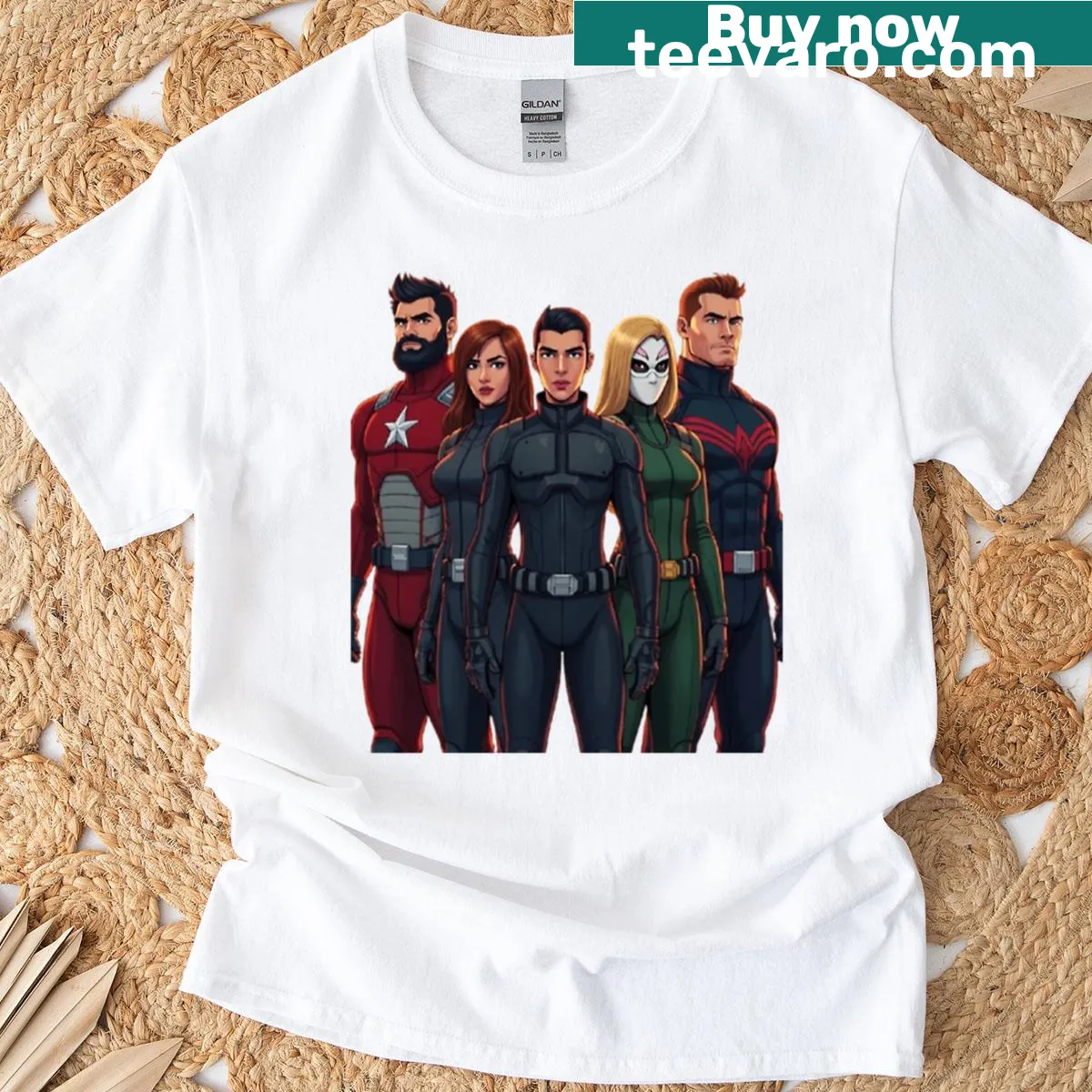 Fan art T-shirt featuring the Thunderbolts superhero lineup — on a men's t-shirt