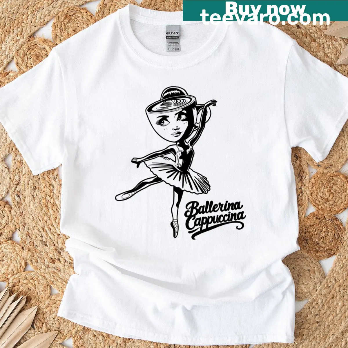 Illustrated t-shirt featuring a ballerina on a coffee cup — on a men's t-shirt