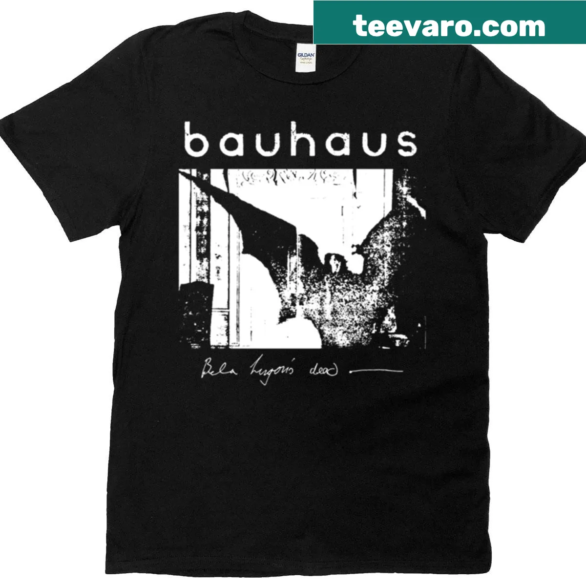 Bauhaus-style T-shirt with bat wings and Bela Lugosi theme — on a men's t-shirt