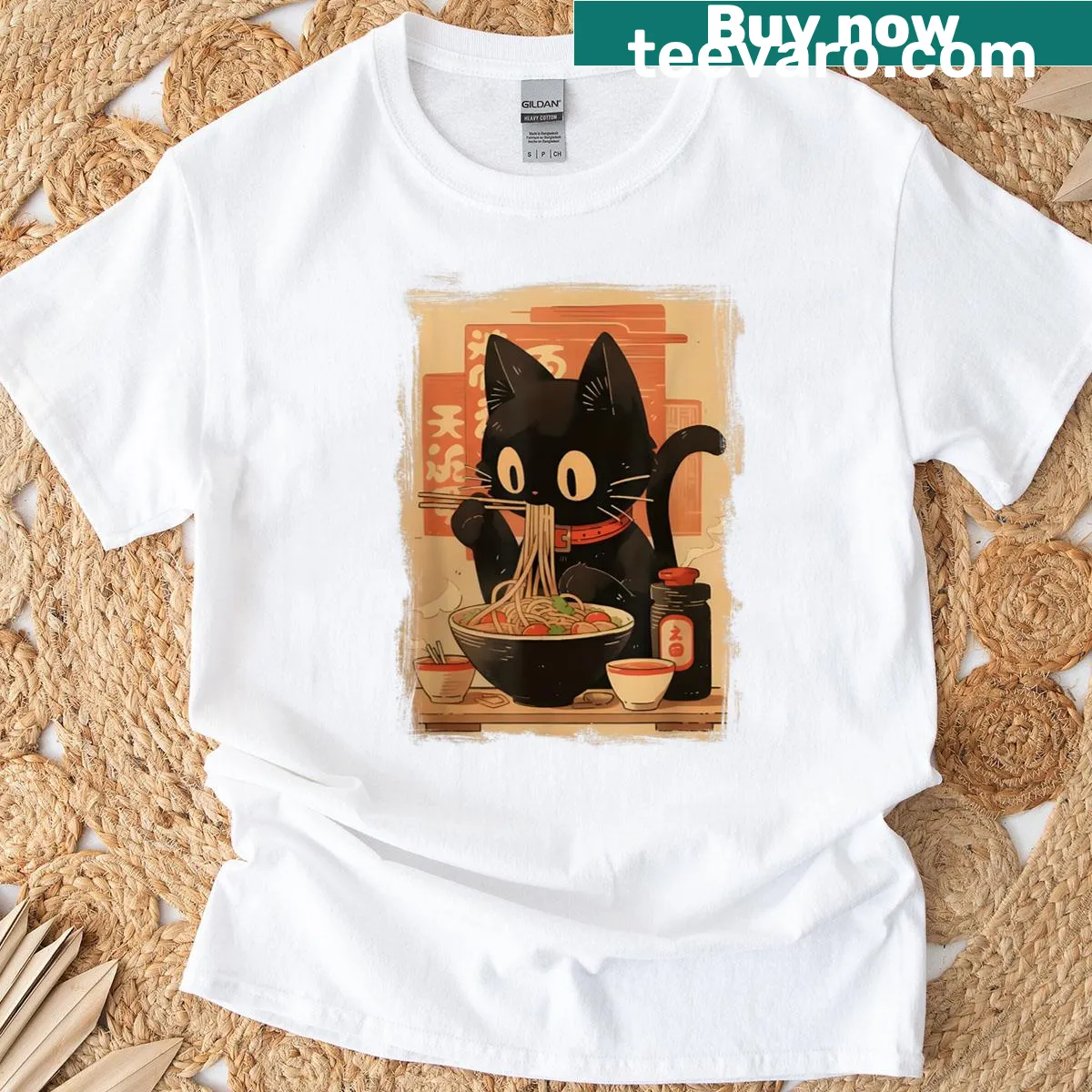 Cute graphic tee featuring a black cat eating ramen — on a men's t-shirt