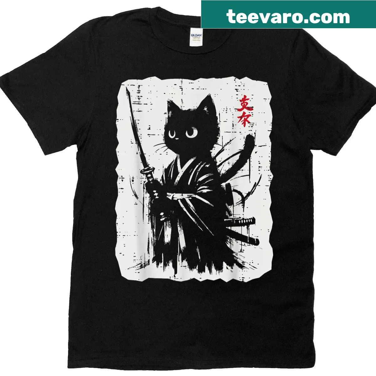 Black cat samurai t-shirt with katana and kimono design — on a men's t-shirt