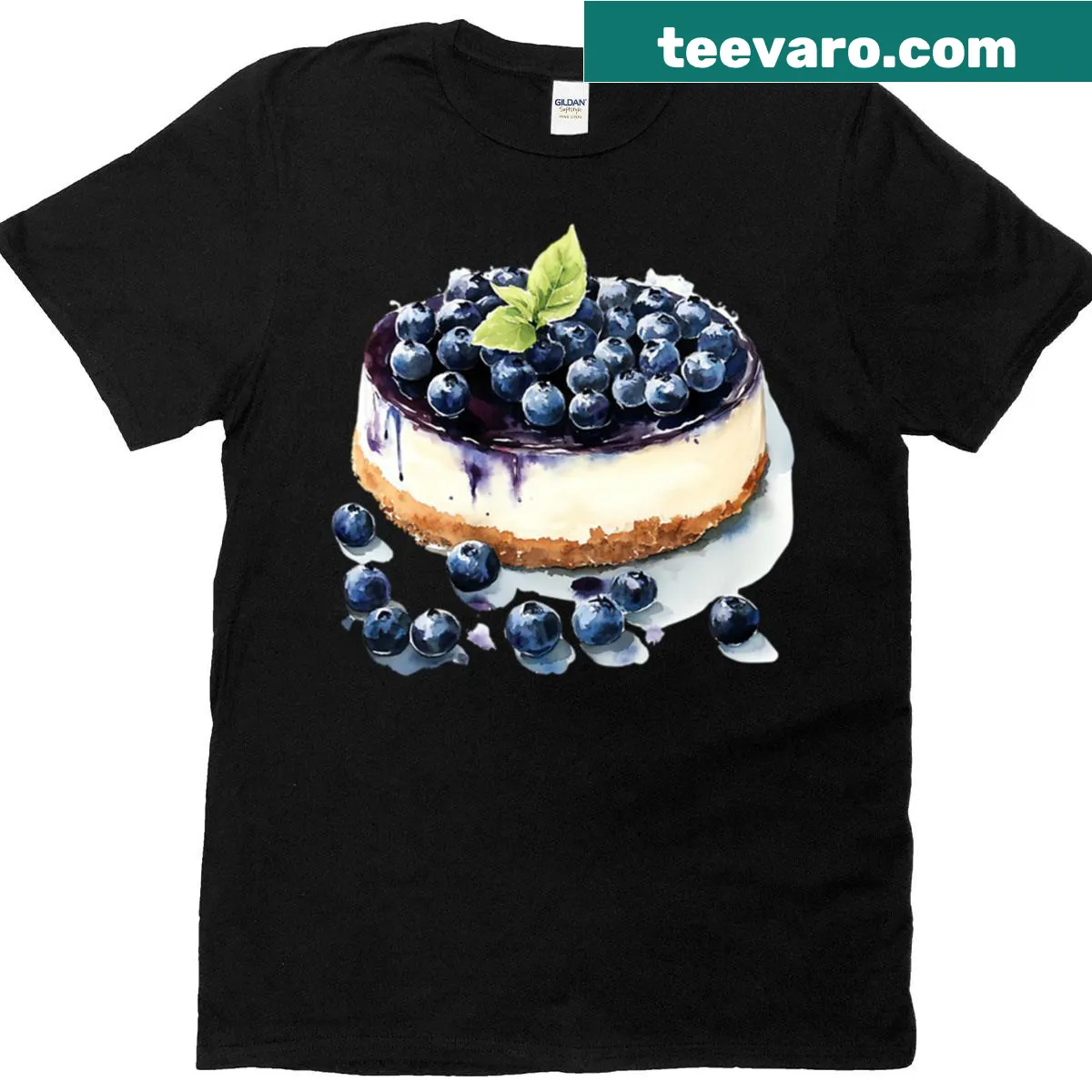 Illustrative Blueberry Cheesecake graphic T-shirt featuring dessert design. — on a men's t-shirt