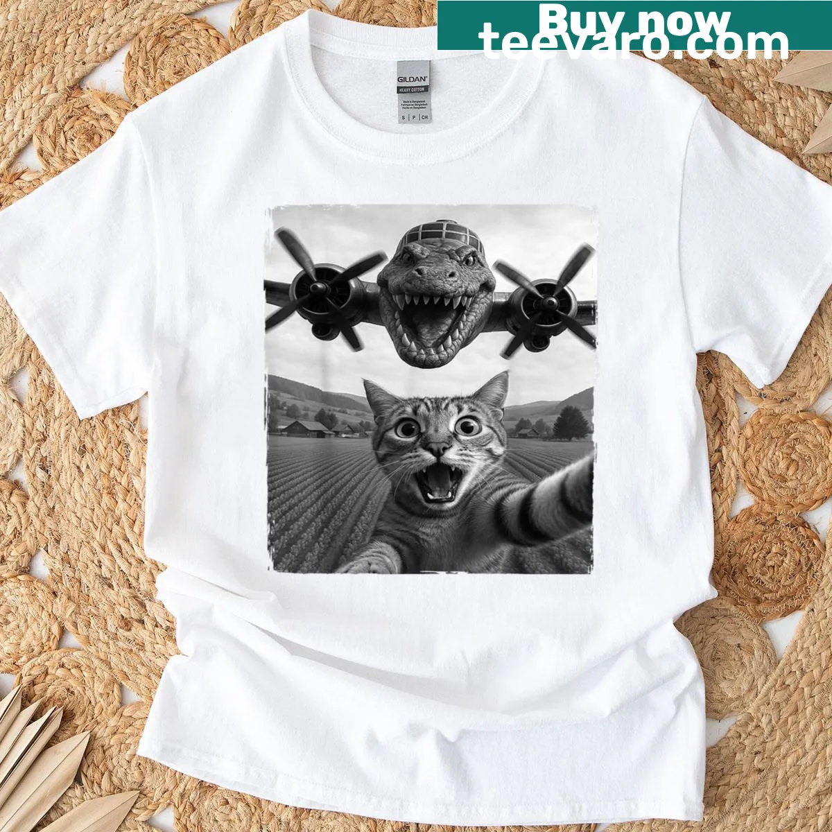 Illustration t-shirt featuring a funny cat selfie meme design — on a men's t-shirt