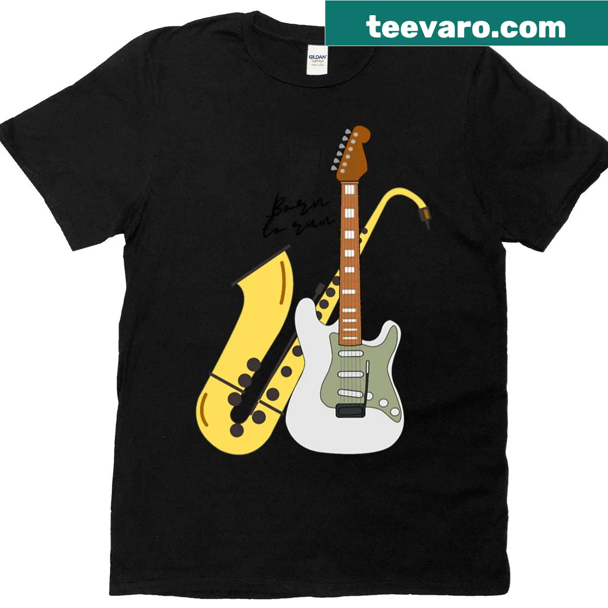 Saxophone and Fender amp design on music-themed t-shirt — on a men's t-shirt