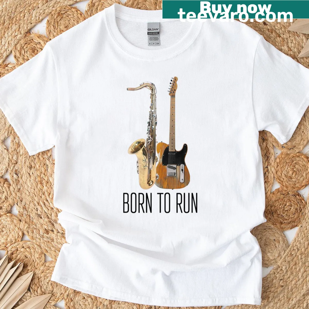 Illustration of a saxophone and guitar with sound waves on a T-shirt — on a men's t-shirt