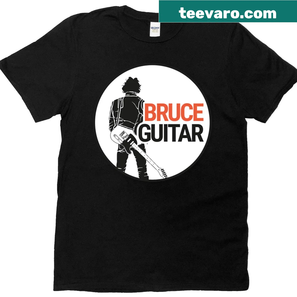 Guitarist-themed t-shirt with 'Bruce' printed design — on a men's t-shirt