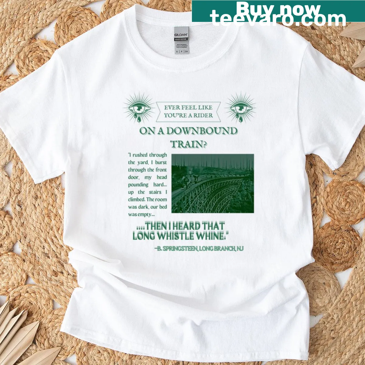 Vintage newspaper-style T-shirt featuring Bruce Springsteen lyrics — on a men's t-shirt