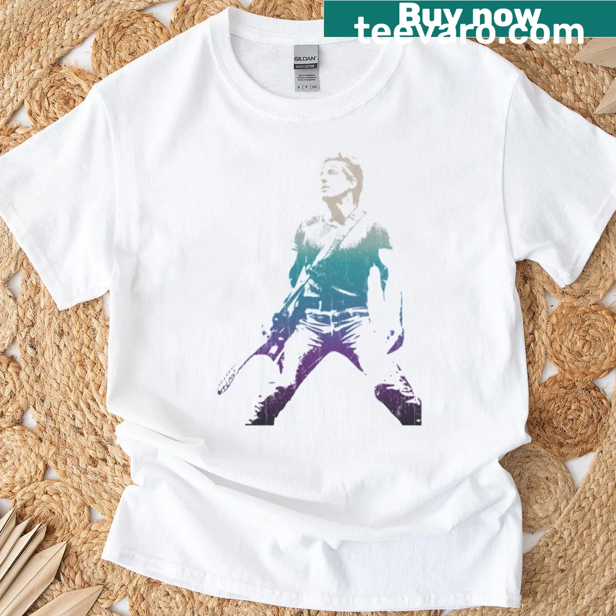 Vintage-style T-shirt featuring Bruce Springsteen as a guitarist. — on a men's t-shirt