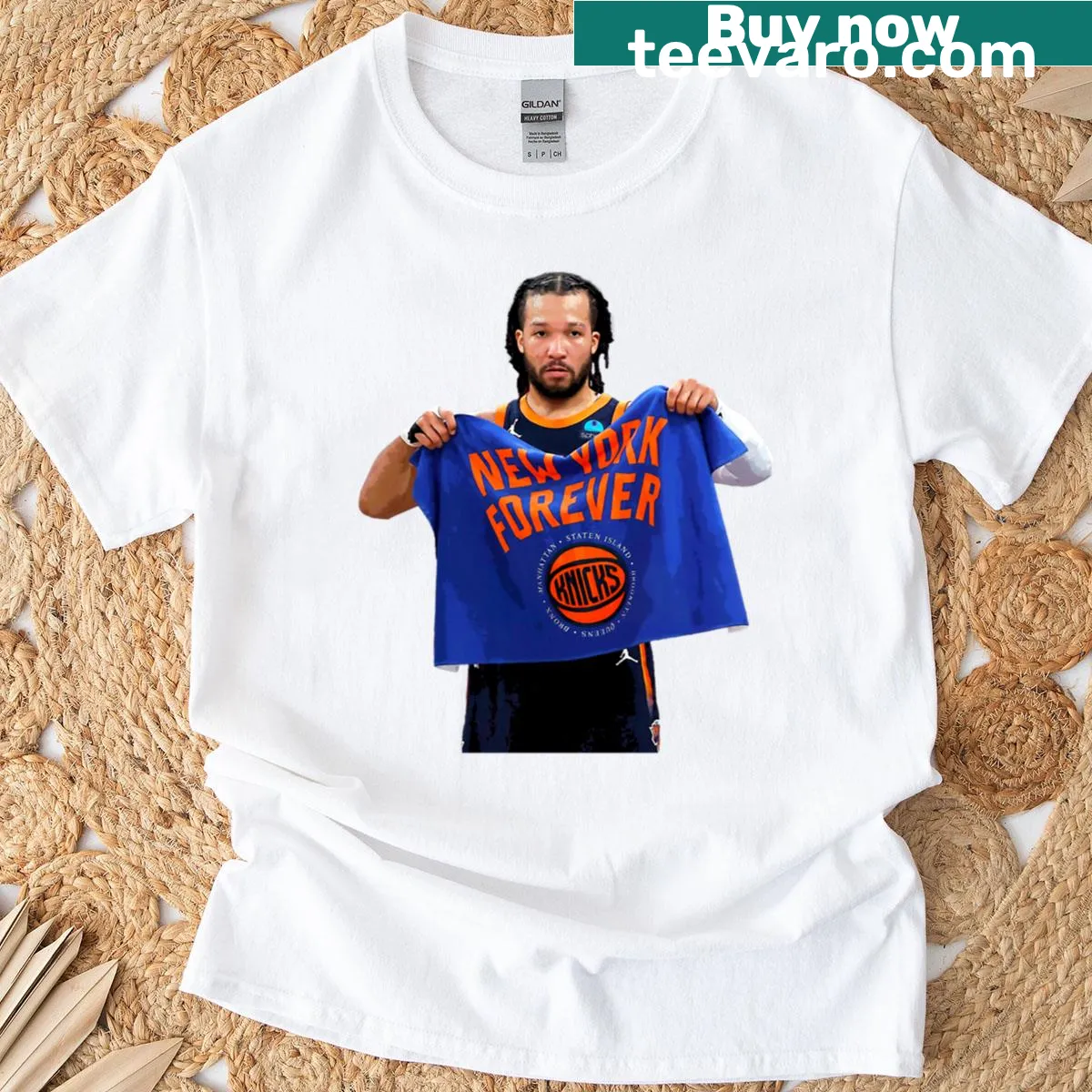 Oversized Brunson Knicks T-shirt featuring bold graphics — on a men's t-shirt