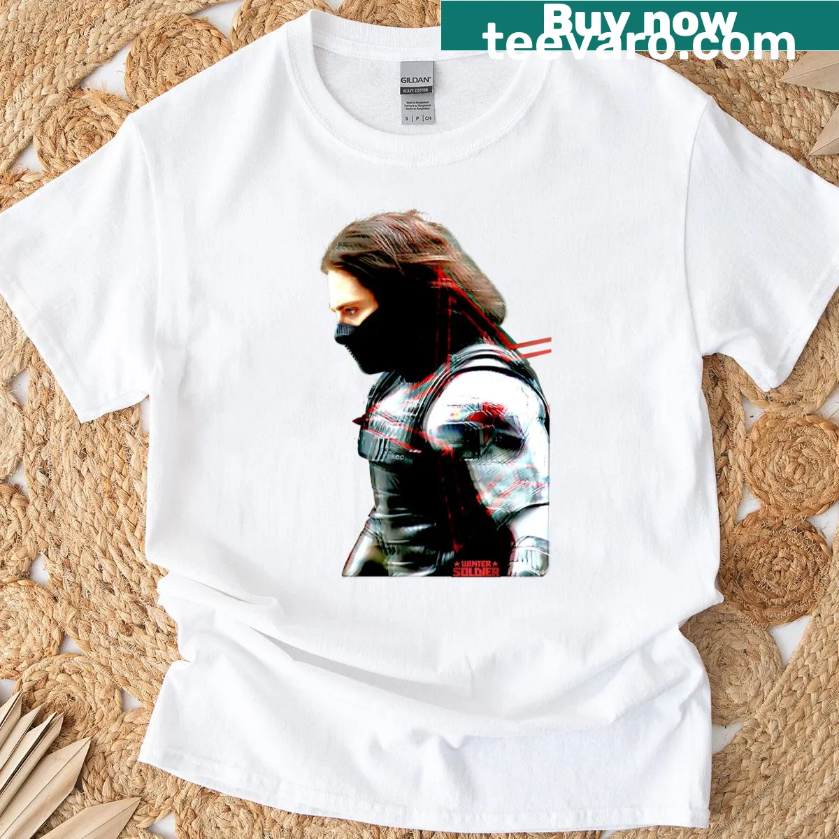 Illustrated graphic of Bucky Barnes on a superhero t-shirt — on a men's t-shirt