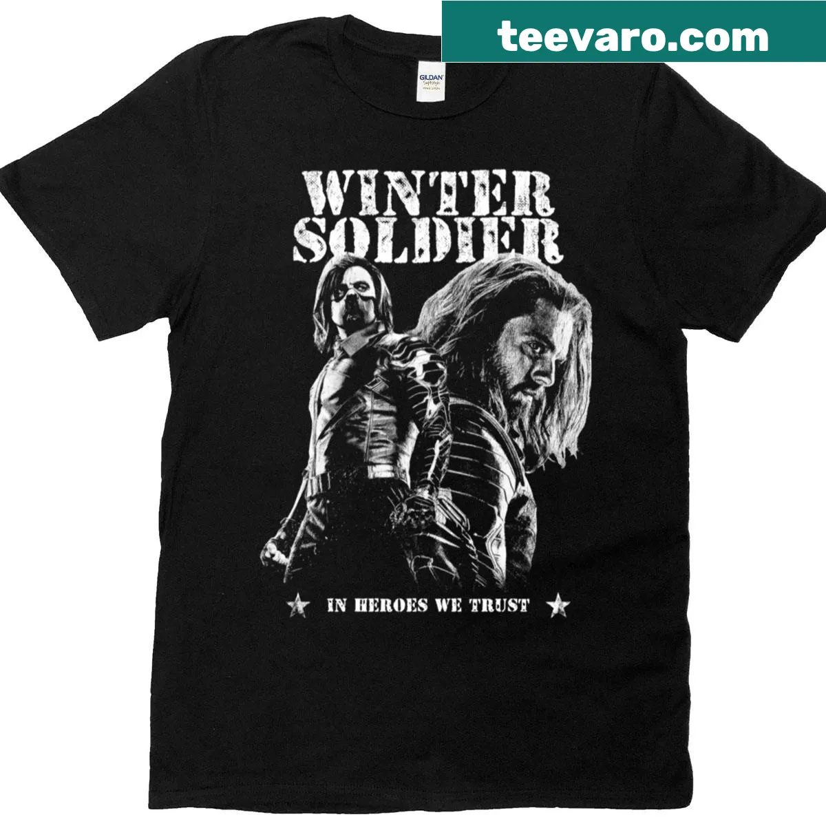 Retro-style T-shirt featuring Bucky Barnes as Winter Soldier — on a men's t-shirt