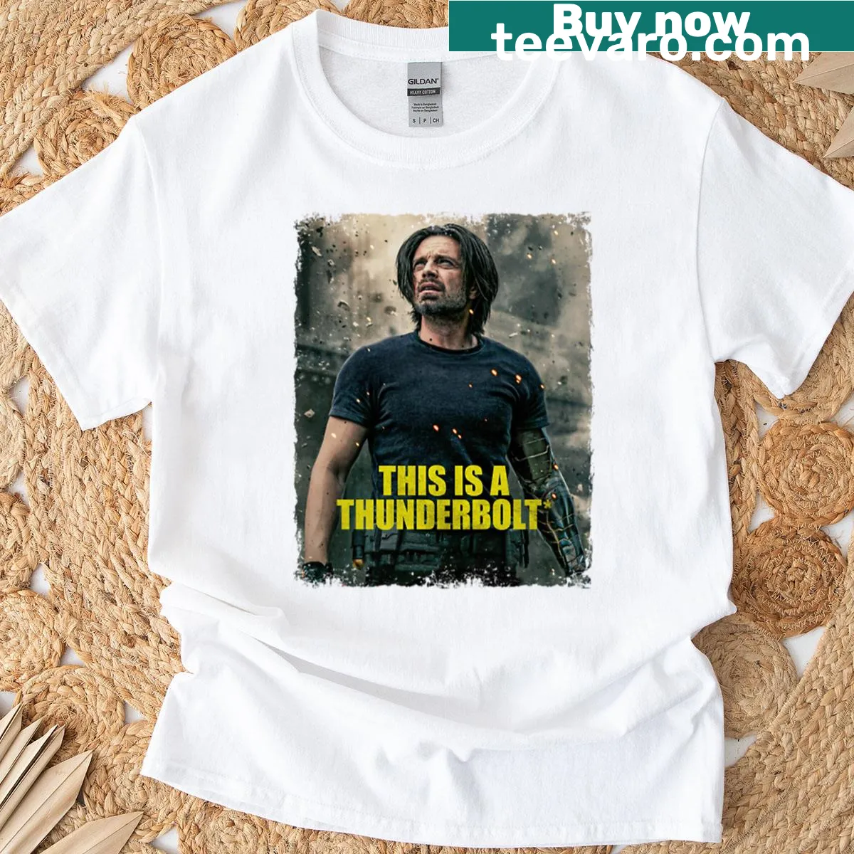 Dynamic graphic T-shirt featuring Bucky from Thunderbolts — on a men's t-shirt
