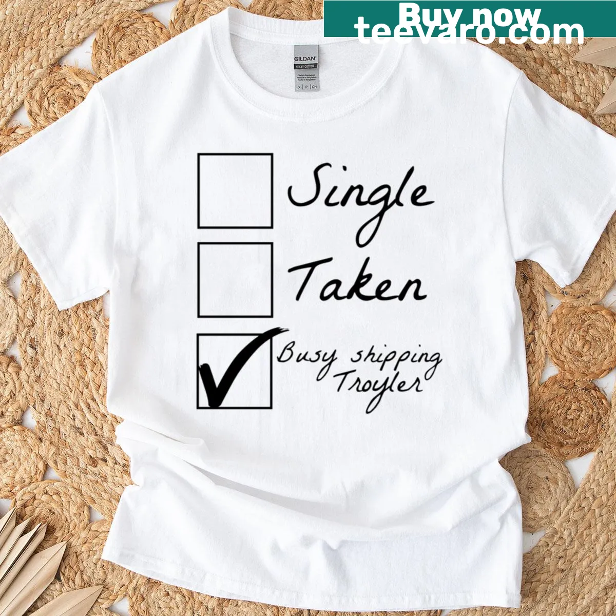 T-shirt with 'Busy Shipping' text in bold typography — on a men's t-shirt