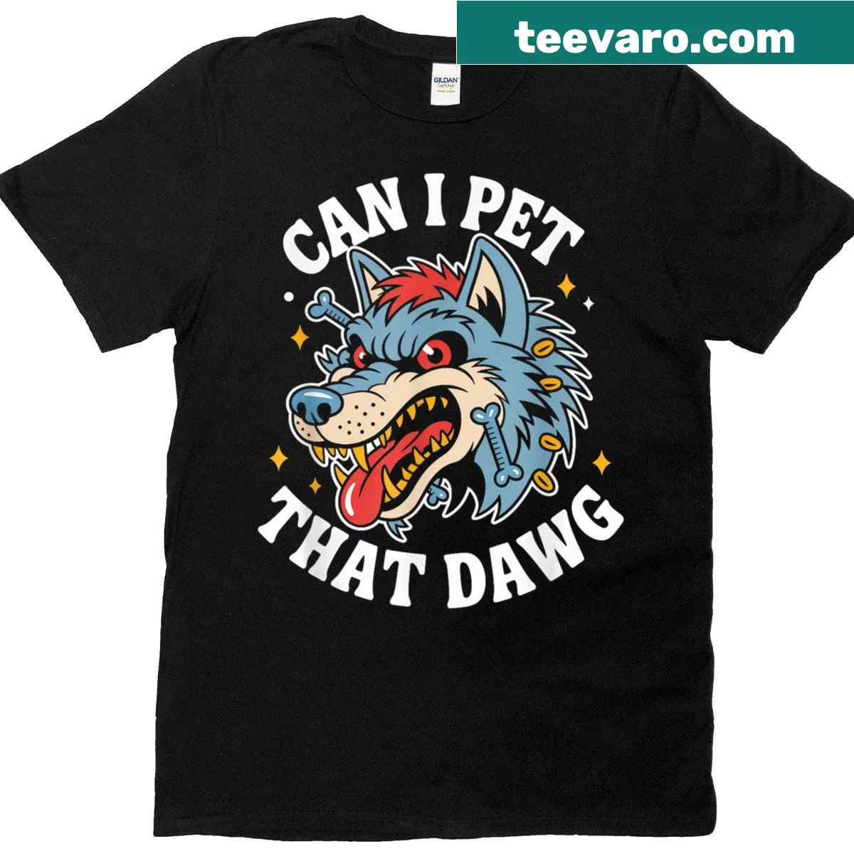 T-shirt with a tattoo-style illustration of a dog and wolf — on a men's t-shirt