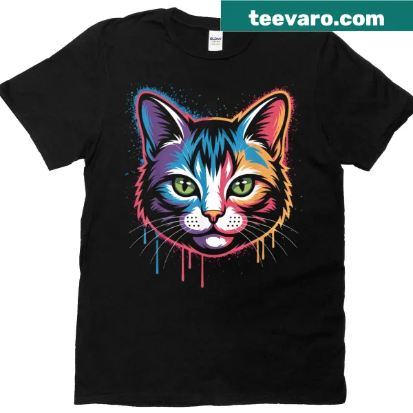 Illustrated cat designs on a playful cat-themed t-shirt.