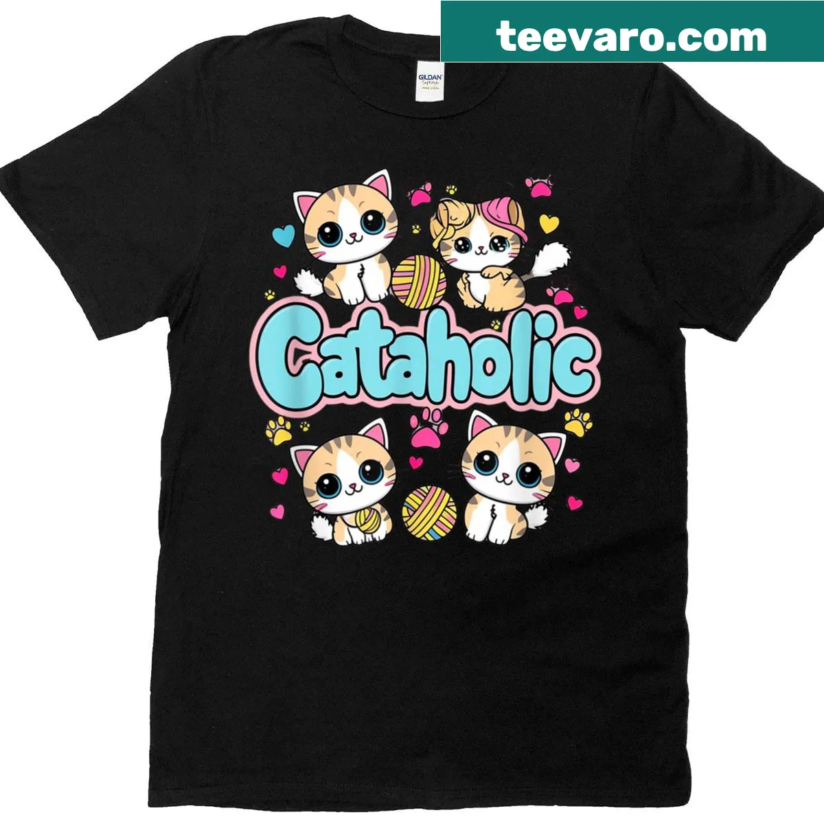 Cute cartoon cat graphics on a playful cat lover t-shirt. — on a men's t-shirt