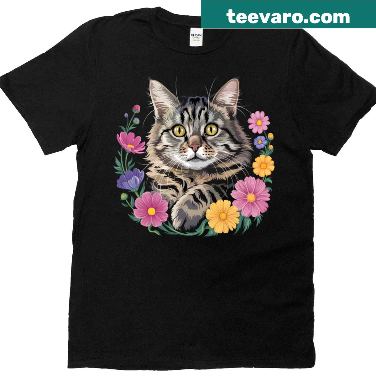Cute kitten surrounded by floral designs on a T-shirt — on a men's t-shirt