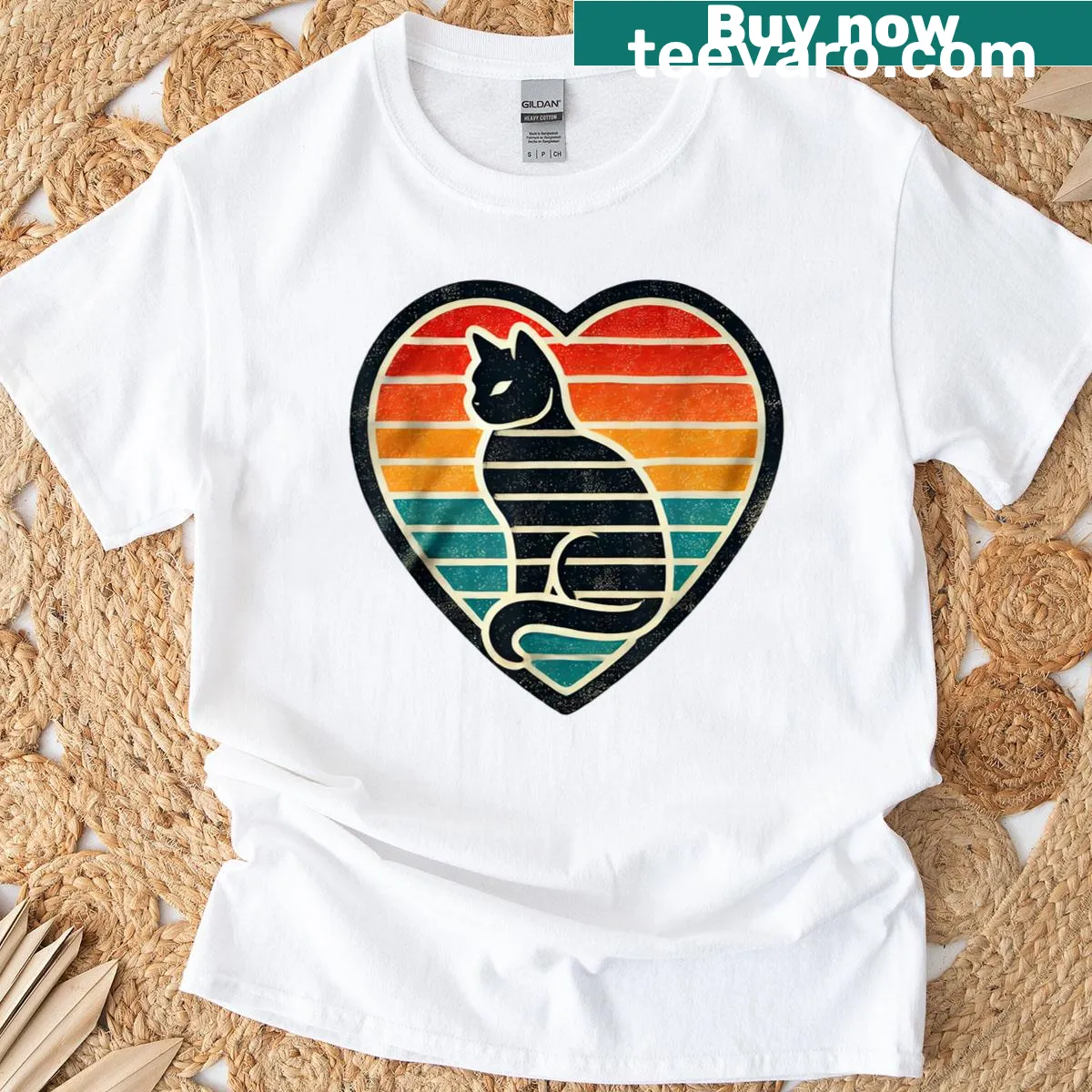 Retro-themed Cat Graphic Heart T-shirt with nostalgic design — on a men's t-shirt