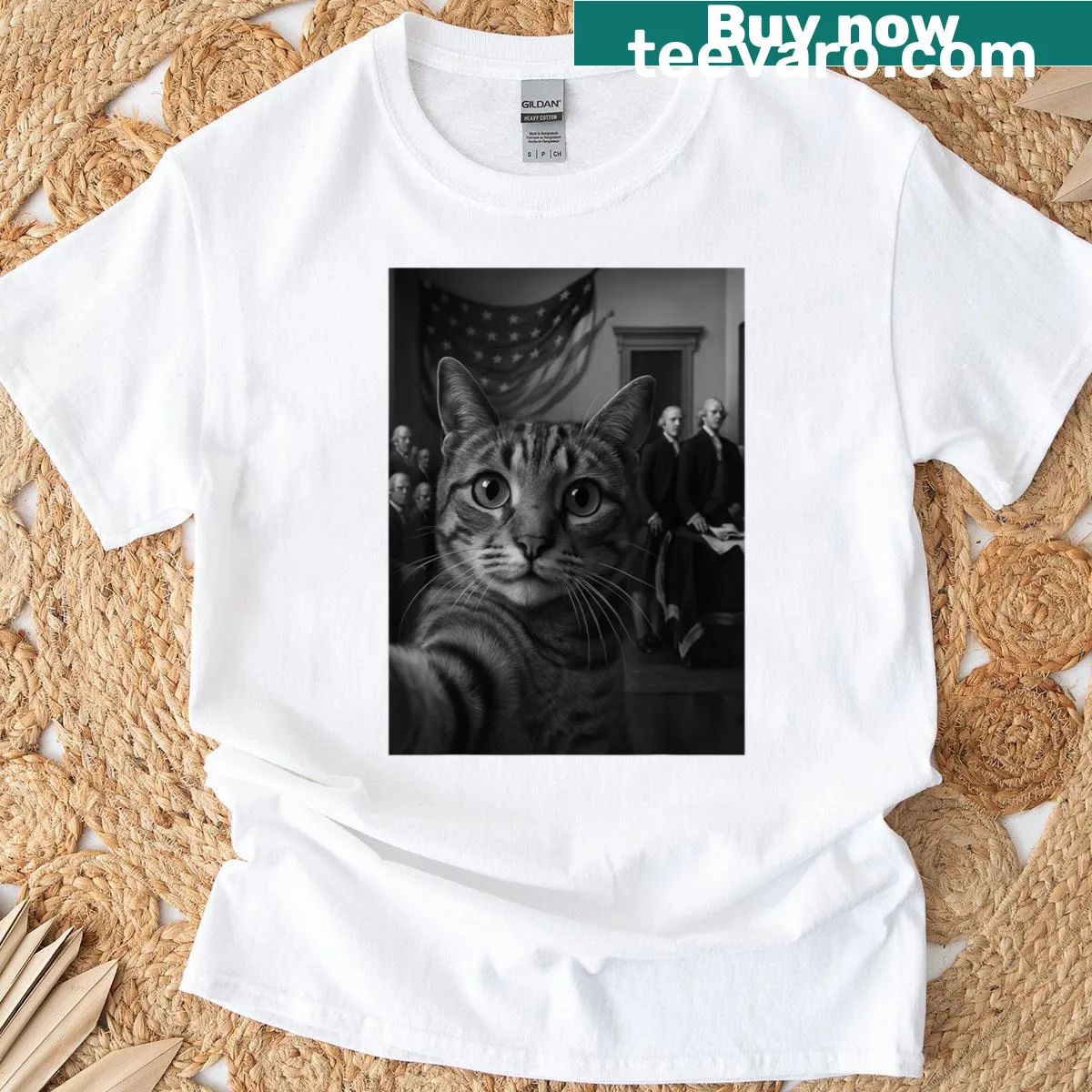 T-shirt featuring a cat selfie and Declaration of Independence theme. — on a men's t-shirt