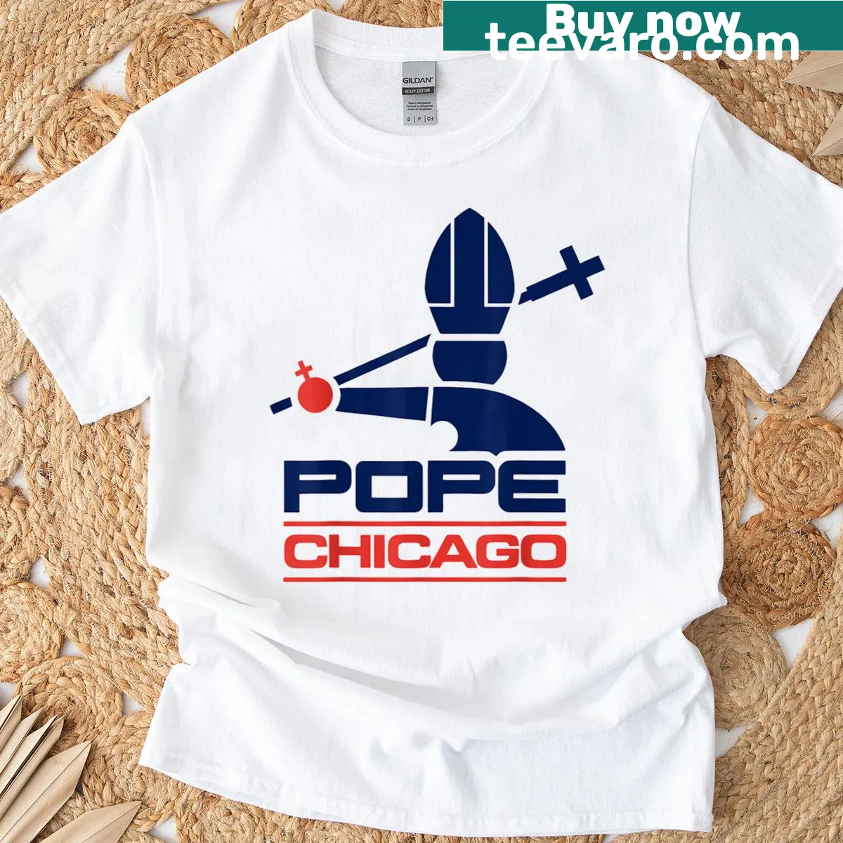 Baseball-themed T-shirt with Pope Leo XIV graphic. — on a men's t-shirt
