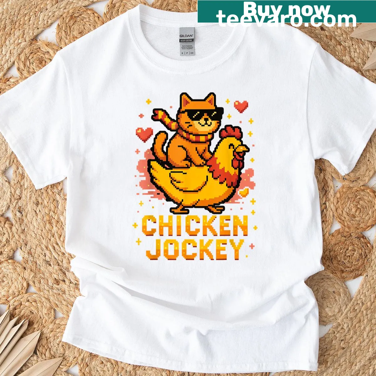 Pixel art cute cat riding a chicken graphic on t-shirt — on a men's t-shirt