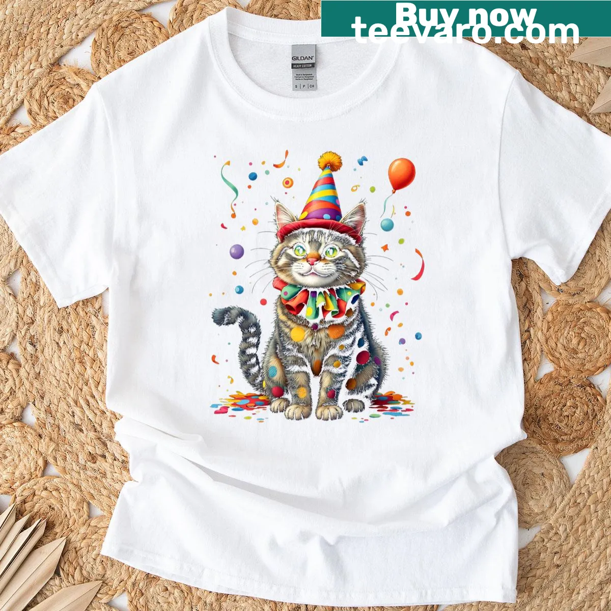 Festive cat illustration on a colorful T-shirt — on a men's t-shirt