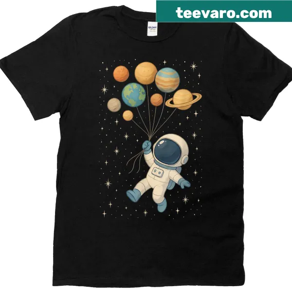 Adorable astronaut holding planet balloons on a T-shirt.