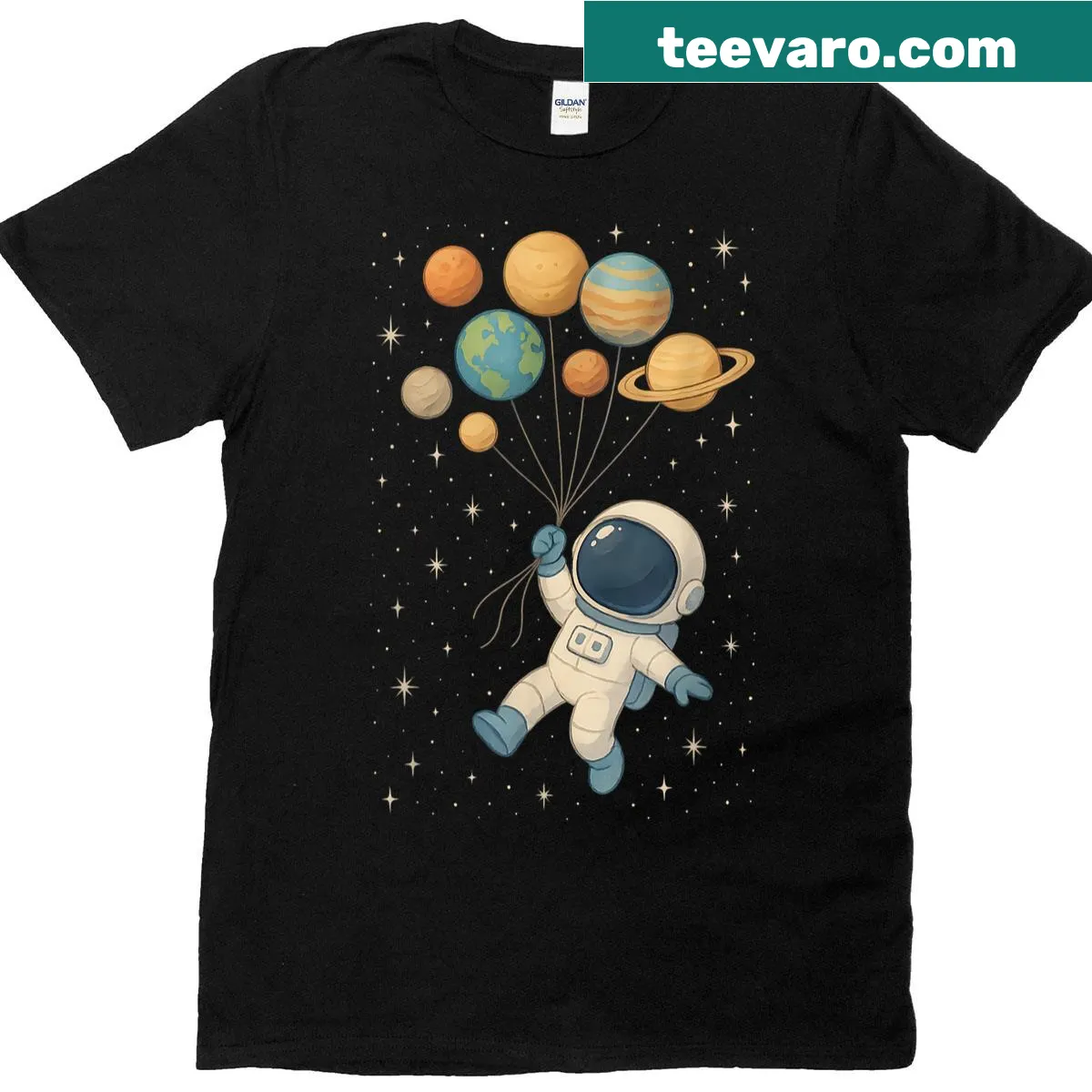Adorable astronaut holding planet balloons on a T-shirt. — on a men's t-shirt