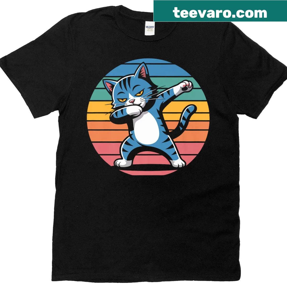 Cute cartoon dabbing cat on premium t-shirt — on a men's t-shirt