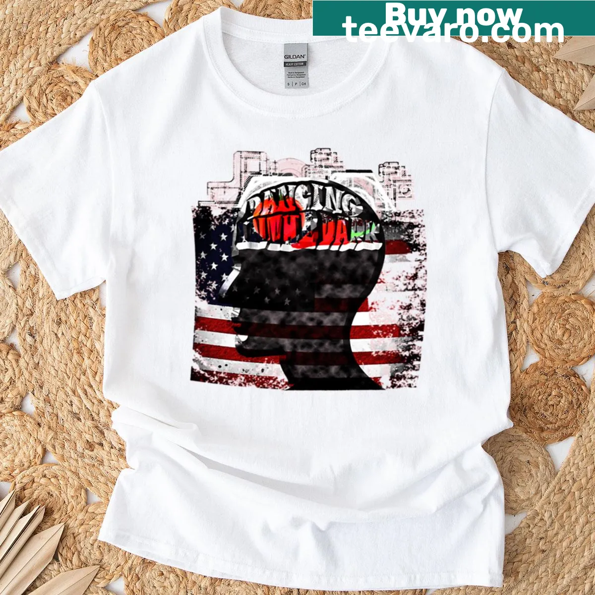 T-shirt with the phrase 'Dancing In The Dark' in bold letters — on a men's t-shirt