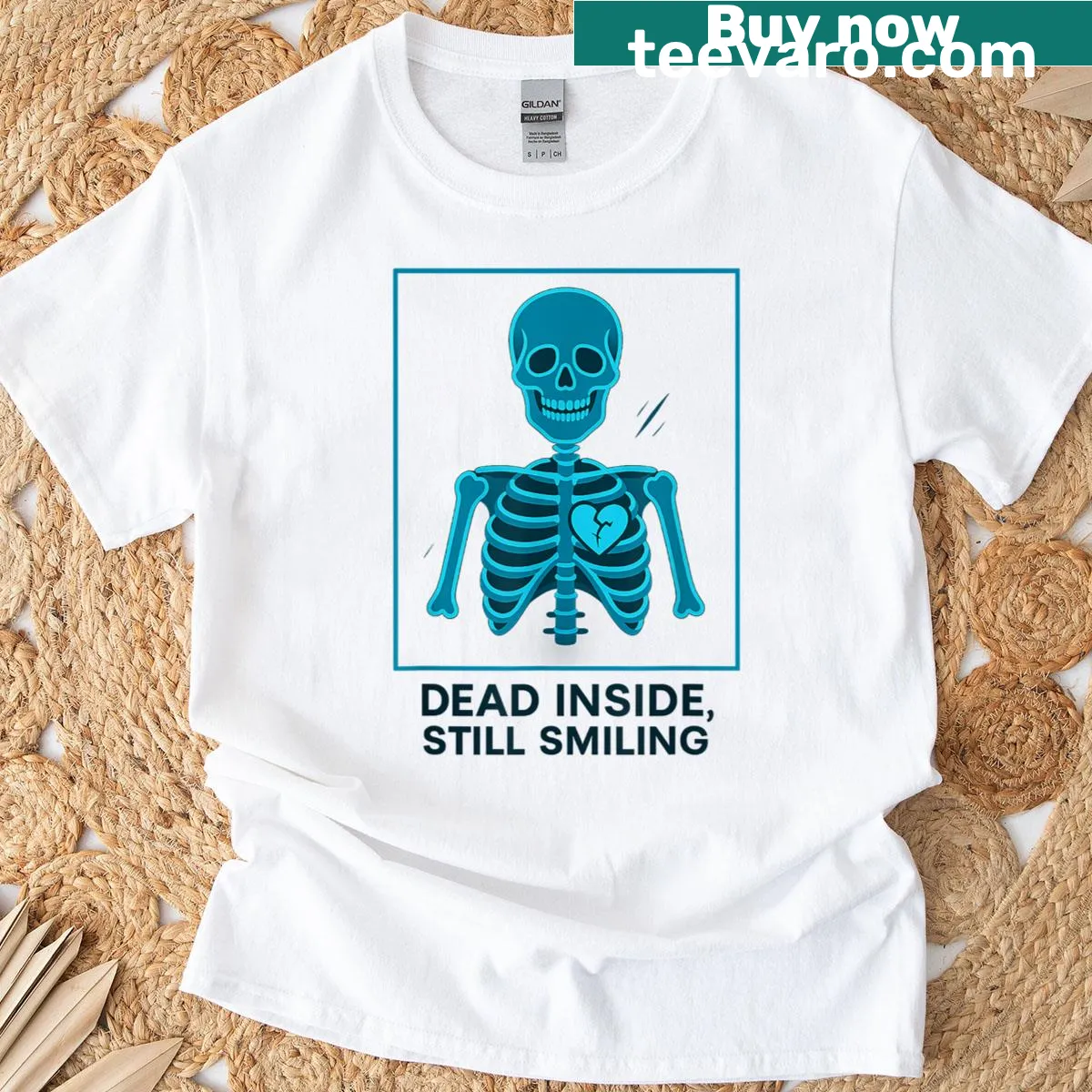 T-shirt with skeleton graphic and humorous quote — on a men's t-shirt