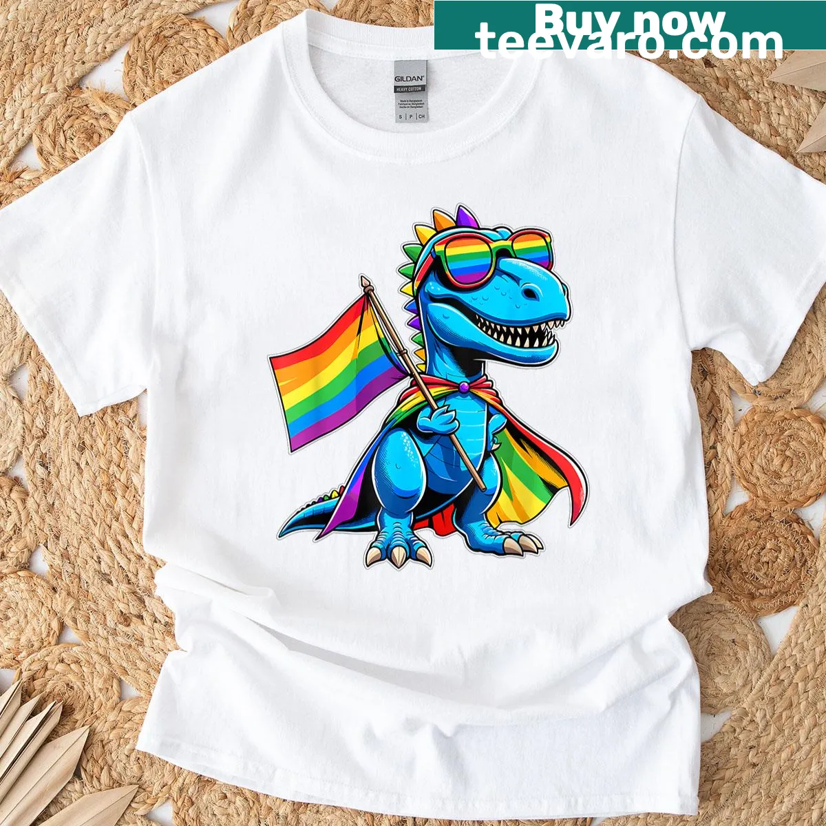 T-shirt featuring a dinosaur with rainbow flag design for LGBTQ+ pride — on a men's t-shirt