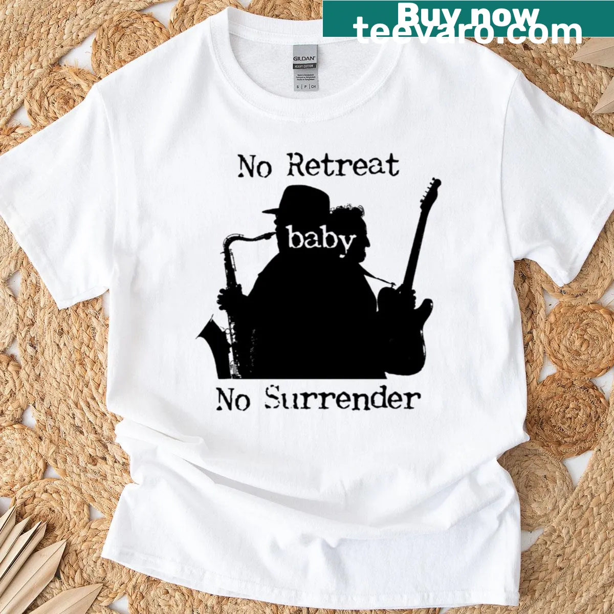 Illustrative music-themed t-shirt with jungle elements and lyrics — on a men's t-shirt