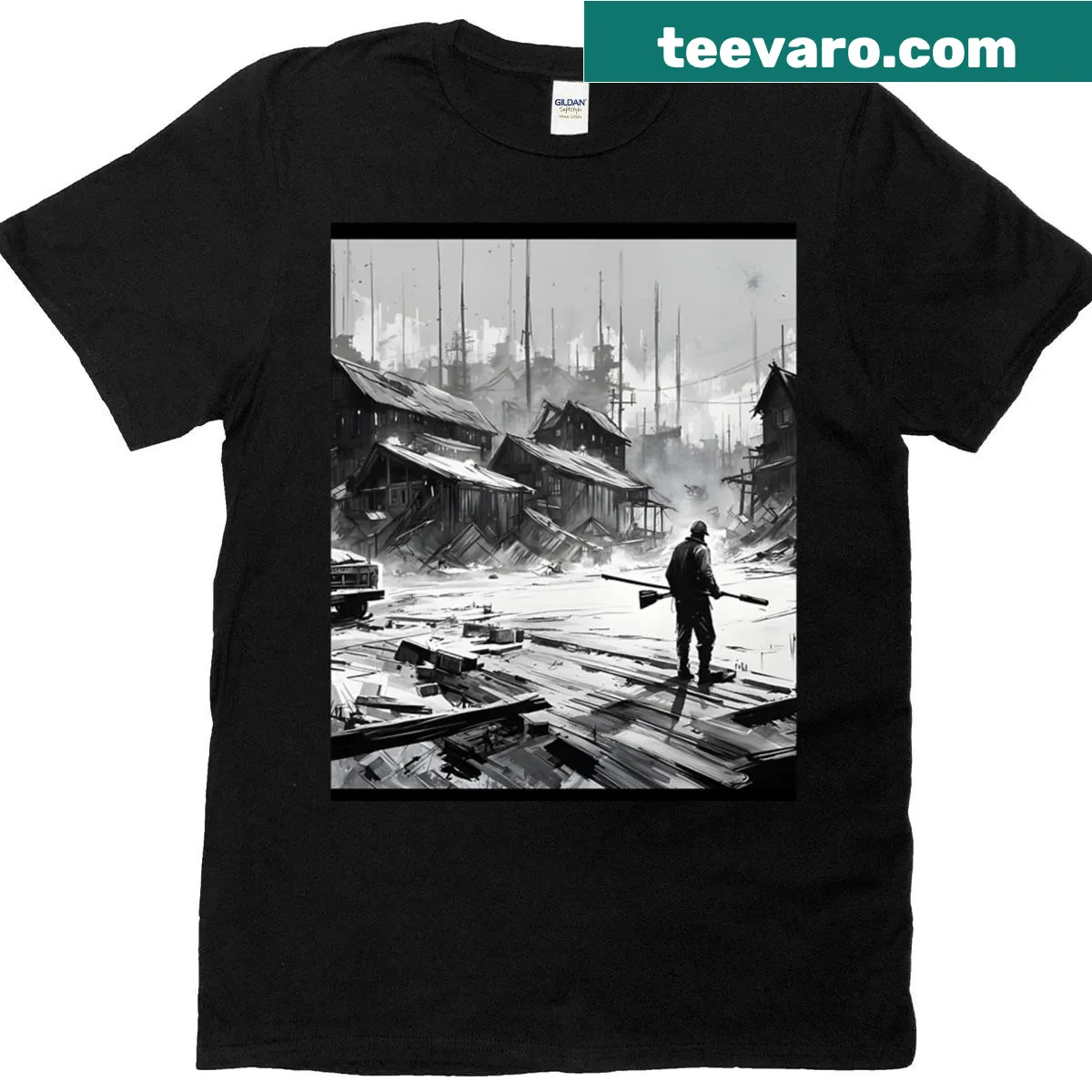 Illustrated Downbound Train t-shirt with artistic train graphic — on a men's t-shirt