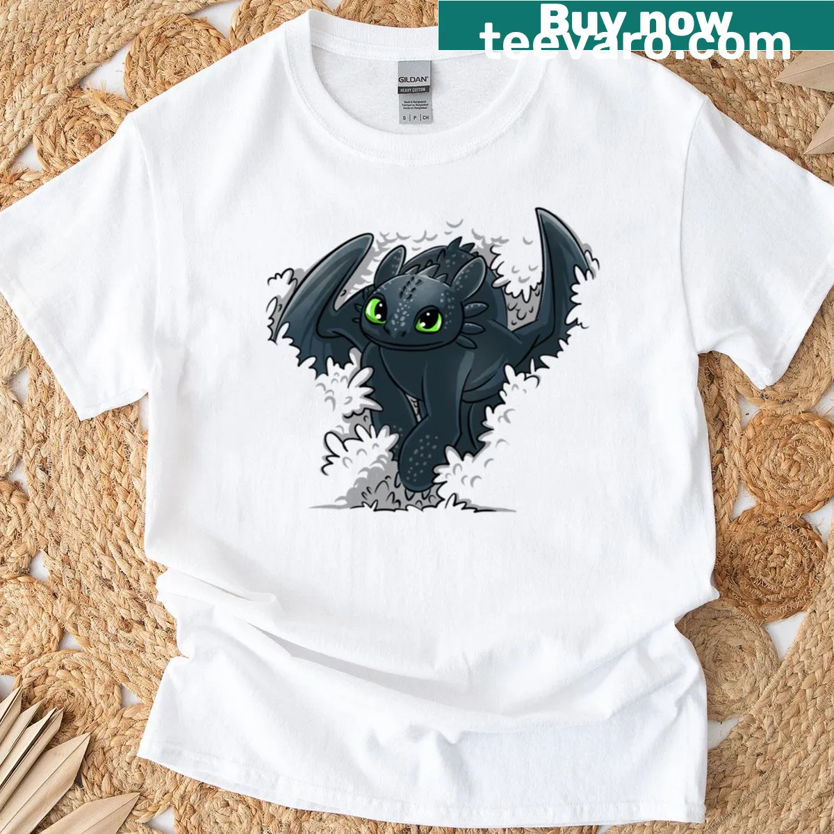 Illustration of a dragon peeking through bushes on an oversized t-shirt — on a men's t-shirt