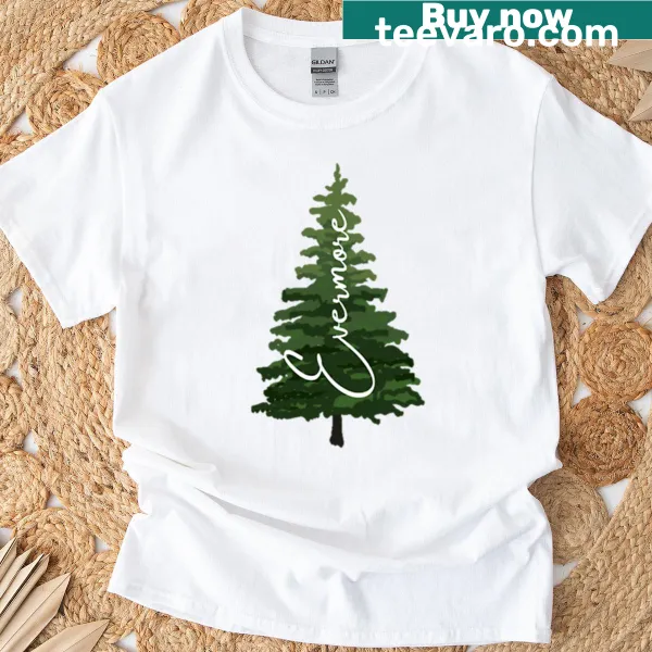 Illustrative t-shirt featuring tall pine trees design