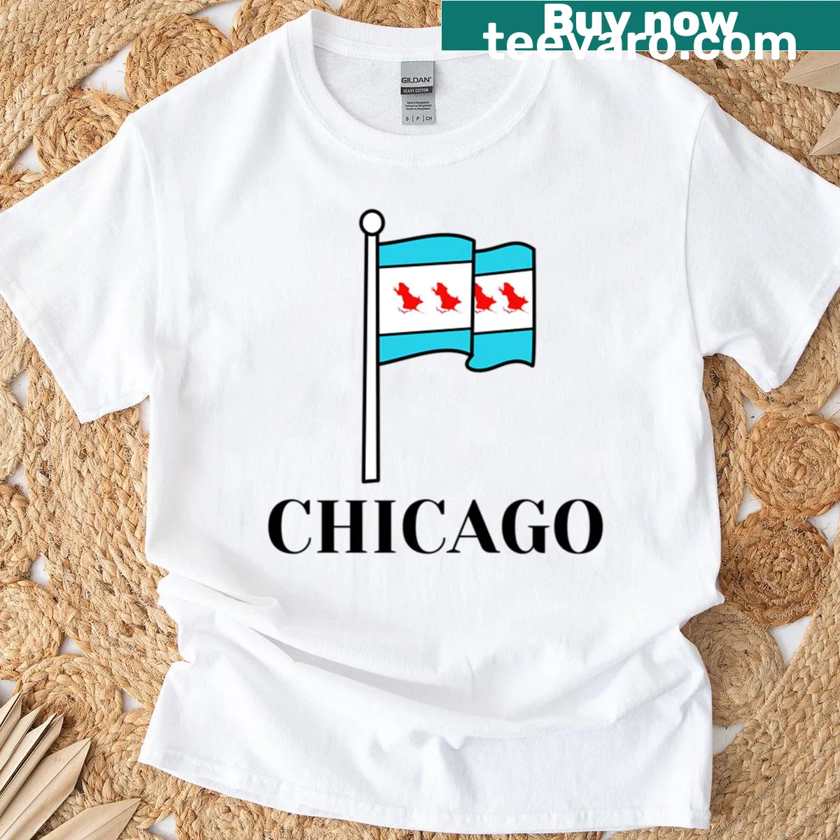Chicago flag-themed t-shirt with the phrase 'Famous Chicago Rat Hole' — on a men's t-shirt