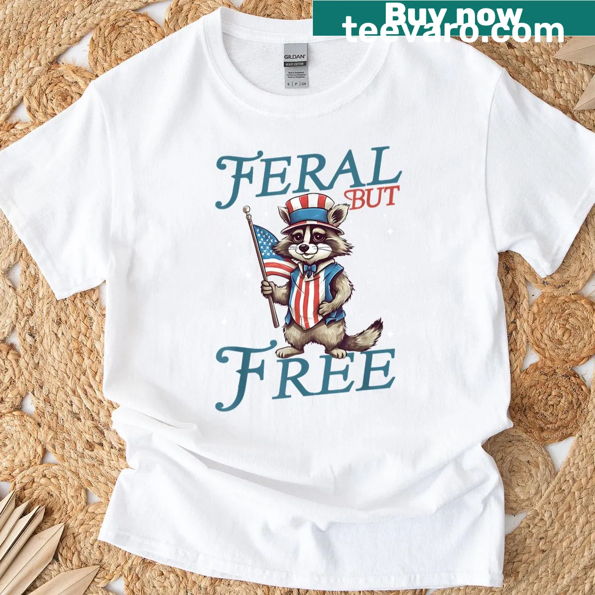 Cartoon raccoon design with a festive theme for kids' Fourth of July t-shirt — on a men's t-shirt