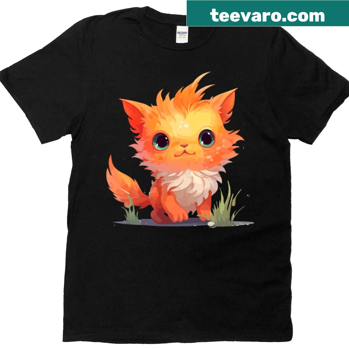 Cute cartoon Fire Cat graphic on an oversized T-shirt — on a men's t-shirt