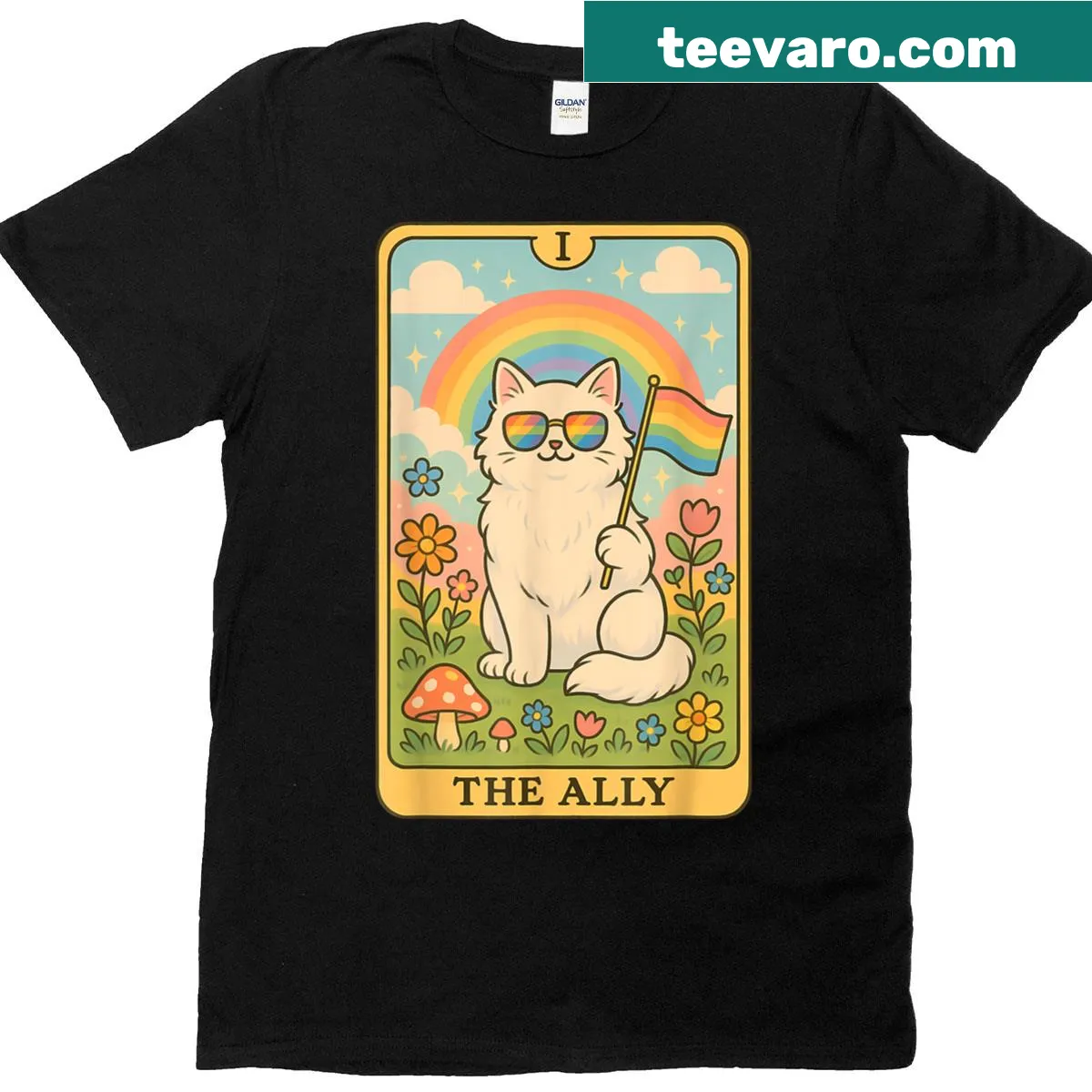 Whimsical cat in sunglasses on a tarot card pride-themed T-shirt. — on a men's t-shirt