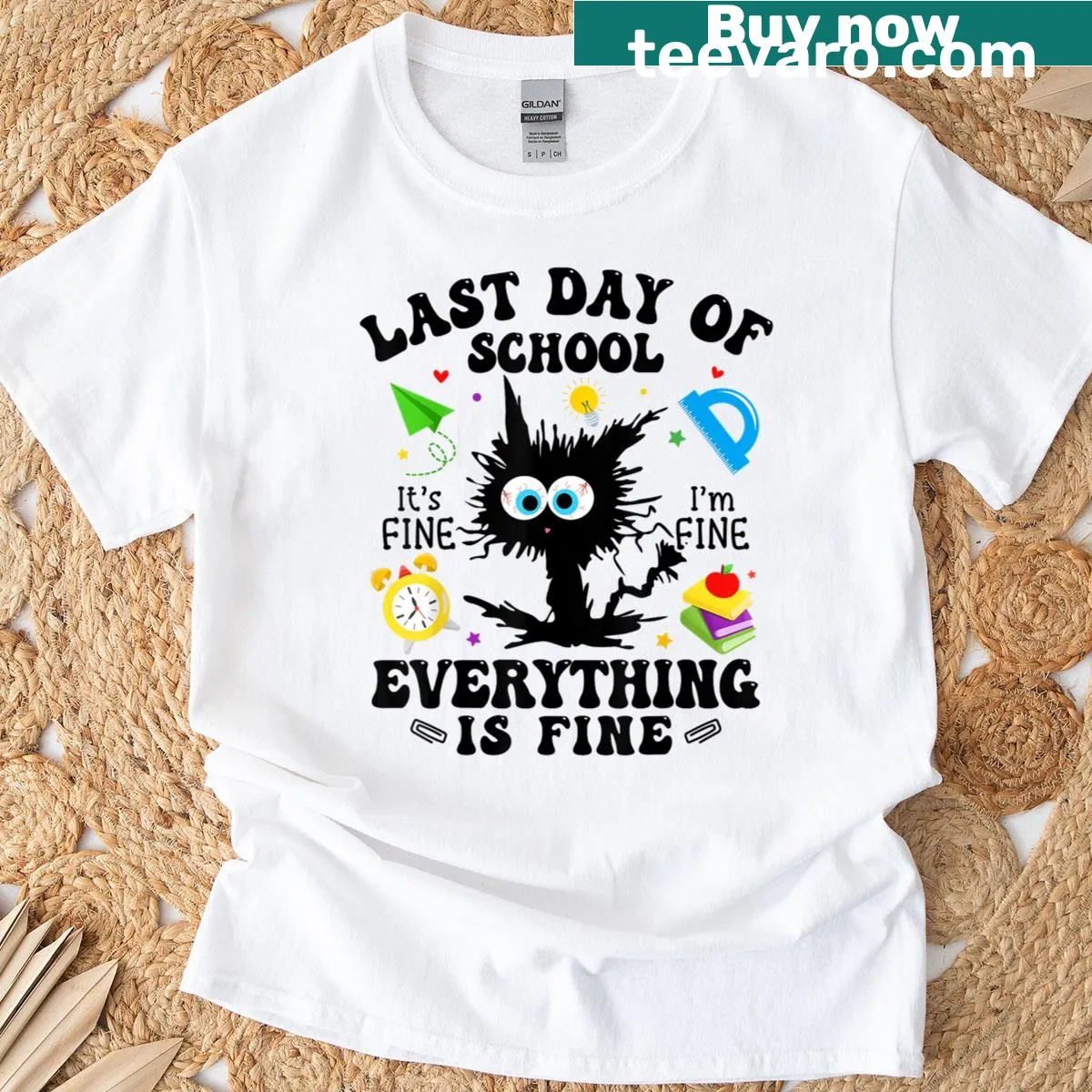 Humorous cat graphic for teachers celebrating the last day of school — on a men's t-shirt