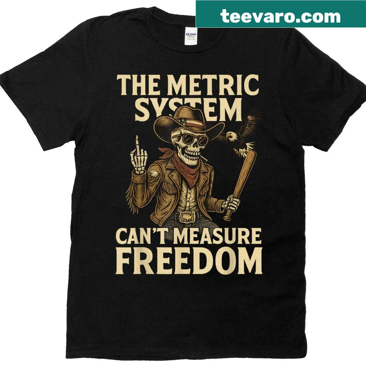Humorous July Fourth t-shirt critiquing the metric system — on a men's t-shirt