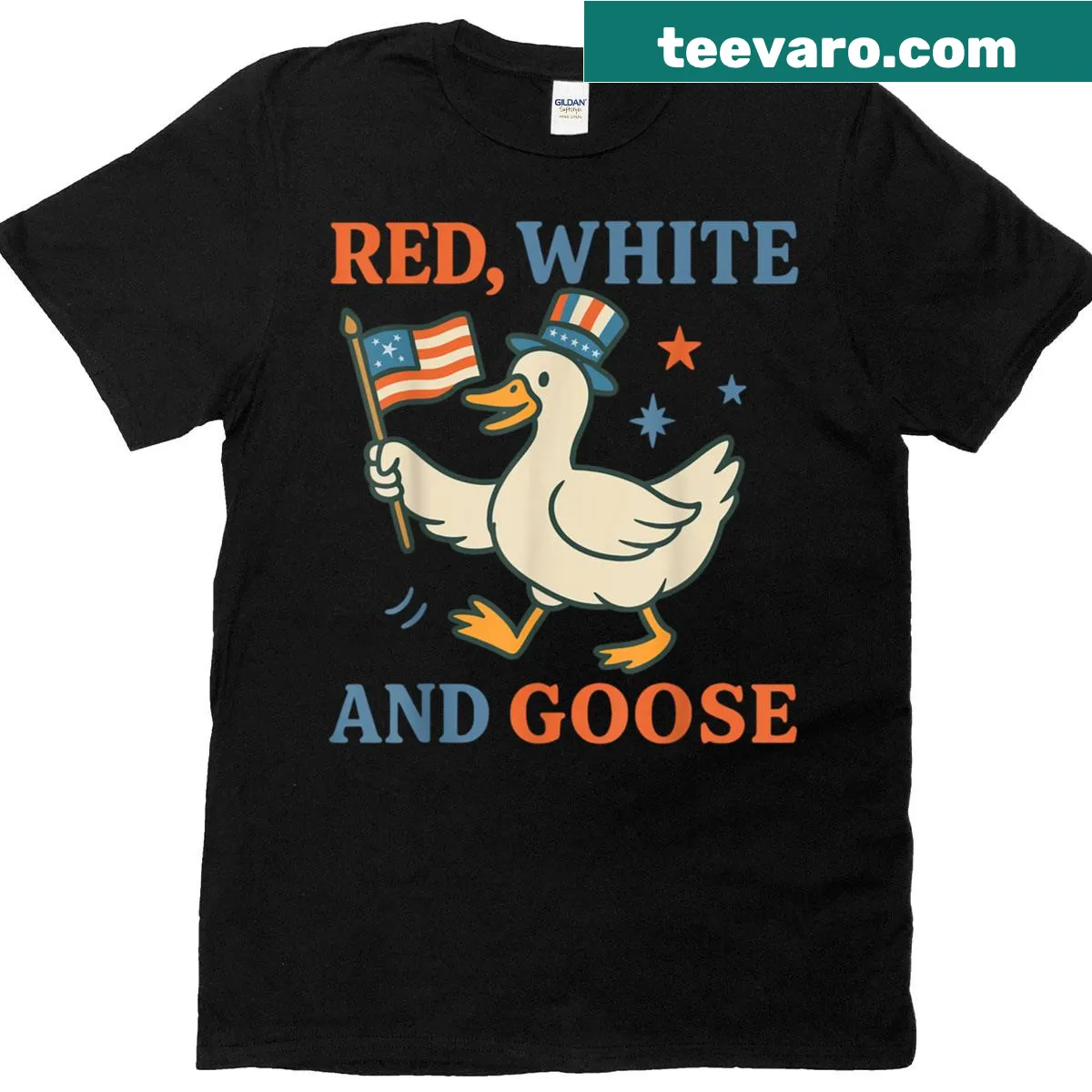 Cartoon silly goose celebrating Independence Day on a t-shirt. — on a men's t-shirt