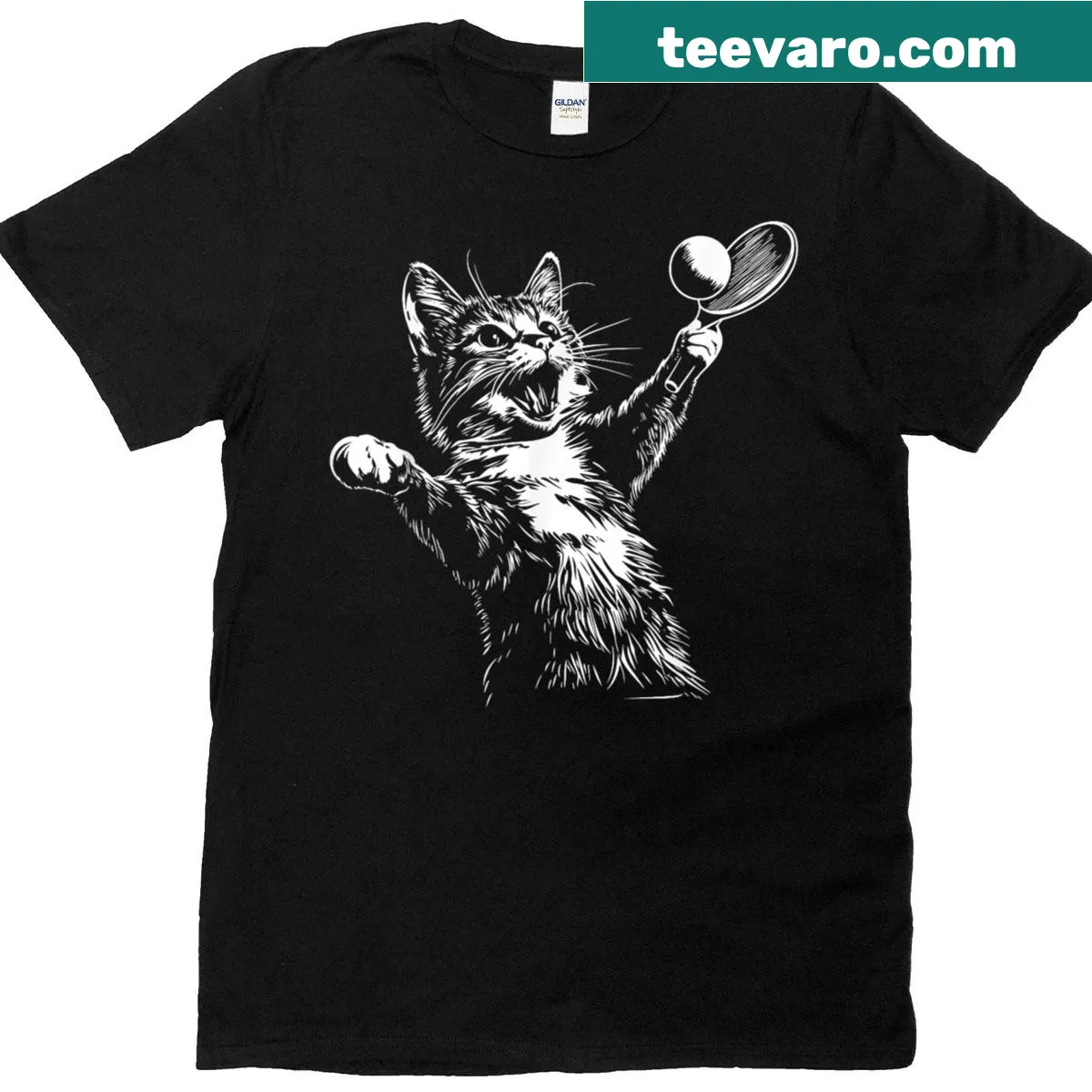 Cat-themed graphic depicting table tennis for sports and cat lovers — on a men's t-shirt