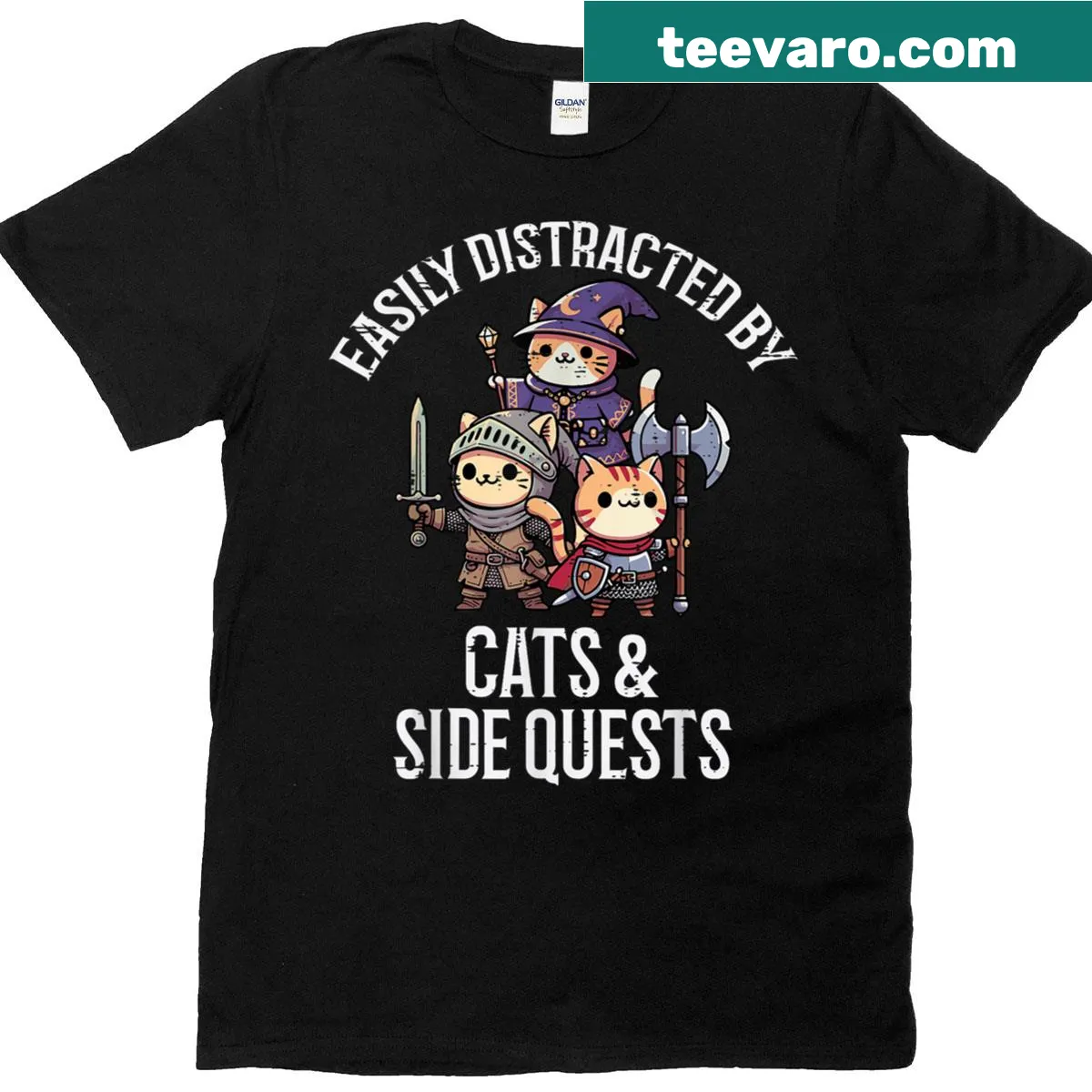 Funny gamer t-shirt featuring cats and side quests theme. — on a men's t-shirt